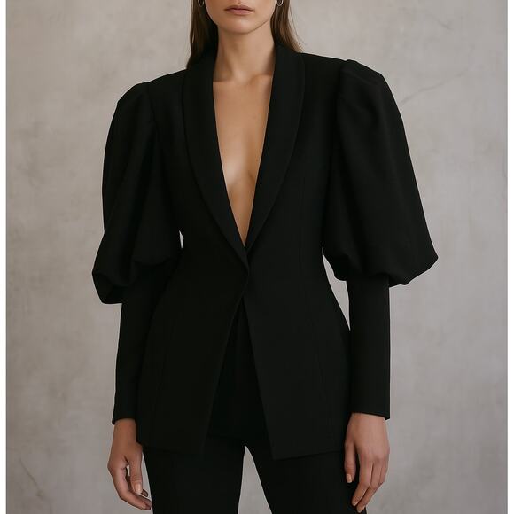 Neiman Marcus Padova Puff Shoulder Mutton Sleeves Black Blazer Jacket Size 8 - Picture 1 of 6